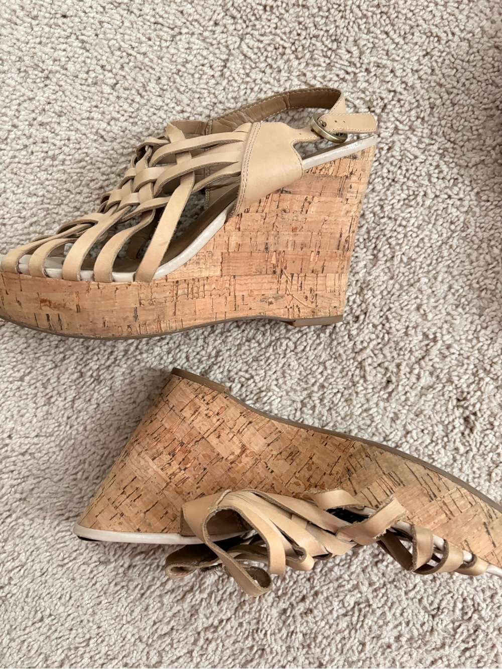 Franco Sarto Tan Woven Leather Cork Wedge Sandals